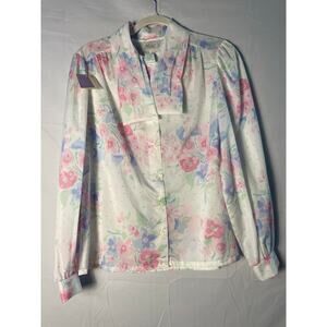 Vintage 70s-80s Alicia White Pink Blue Watercolor Floral Print Blouse w/ Necktie